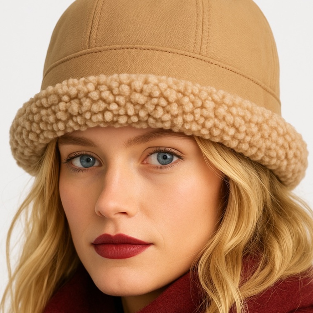 Camel Sherpa Trim Cloche Winter Hat • Cozy Warm Fleece Style • New & Adjustable